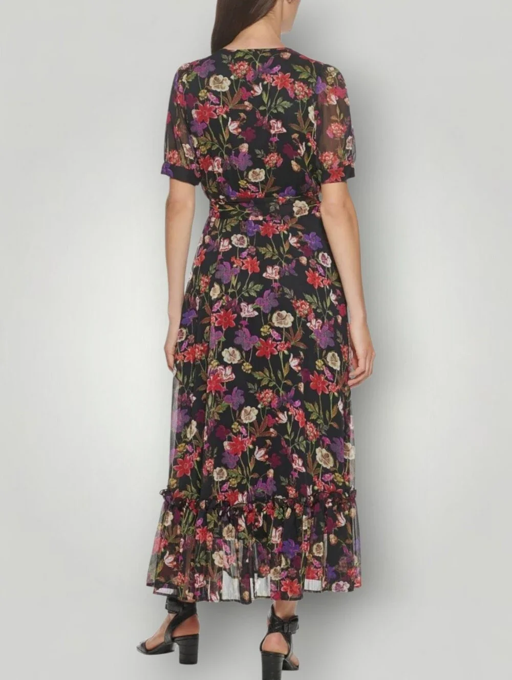 Calvin Klein 4 Black Floral Chiffon‎ Maxi Dress Short Sleeve V-Neck Ruffle Hem
